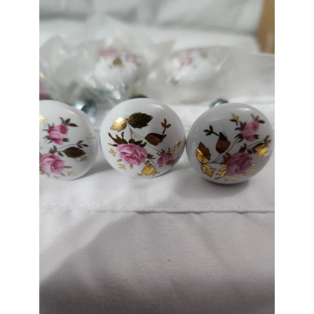 Vintage Ceramic Drawer Knob Gold Leafs With Pink Roses